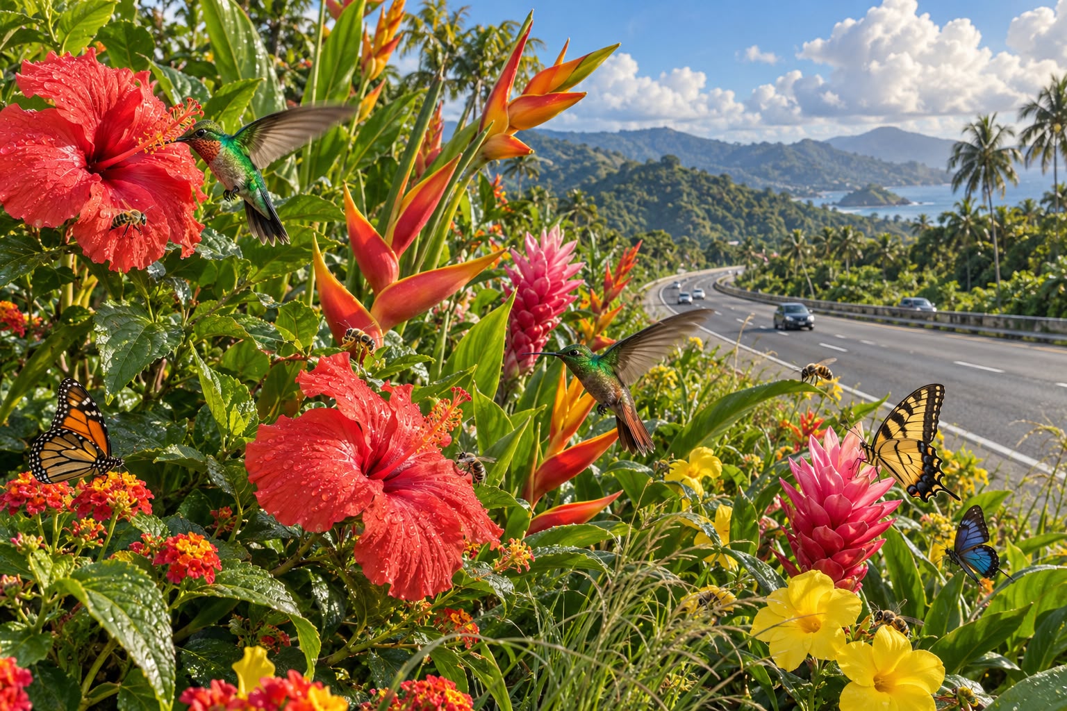 Concept illustration of tropical flowers, hummingbirds, butterflies and bees beside a green highway